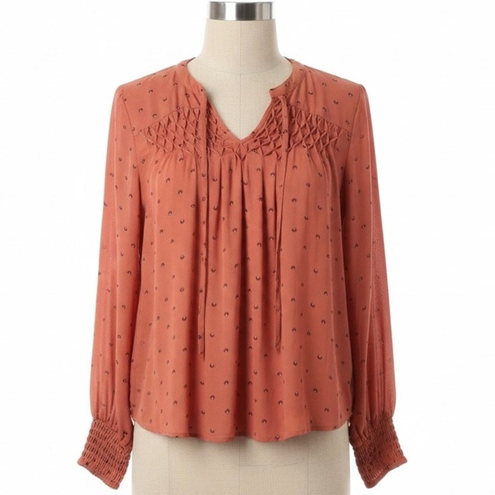 Kaari Blue Smocked V-Neck Blouse Orange Shell Print Plus Size 3X